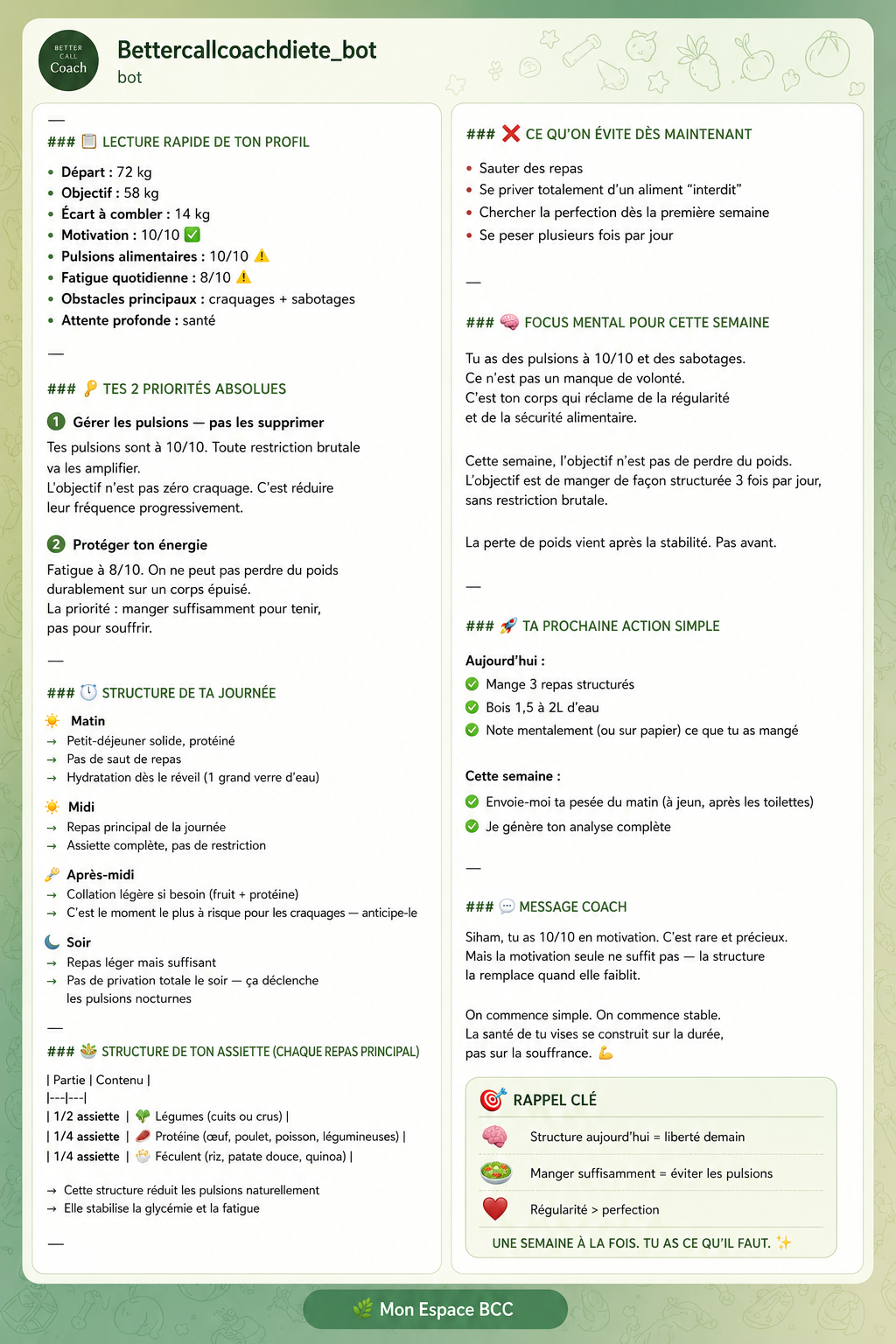 Diagnostic personnalisé BCC Diète